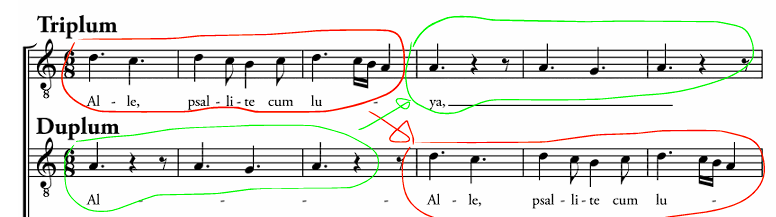 <p>Duplum (Counterpoint virtually note against note) sings what the Triplum (slightly more florid counterpoint) previously had, Triplum sings what the Duplum previously had</p>