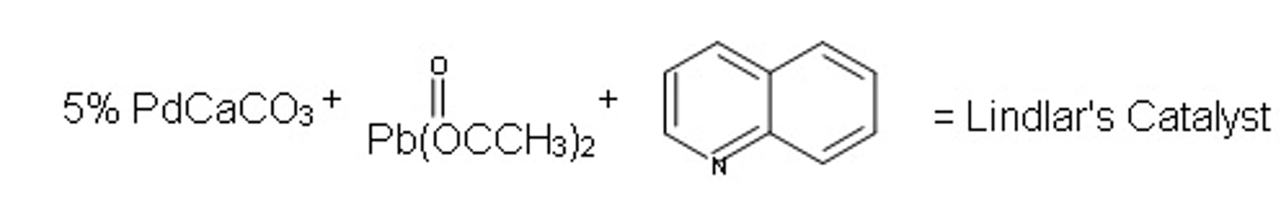 <p>A heterogeneous catalyst for the hydrogenation of alkynes to cis alkenes. In its most common form, it consists of a thin coating of palladium on barium sulfate, with quinoline added to decrease the catalytic activity.</p>
