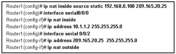 Refer to the exhibit. Which address or addresses represent the inside global address?

    192.168.0.100
    10.1.1.2
    any address in the 10.1.1.0 network
    209.165.20.25