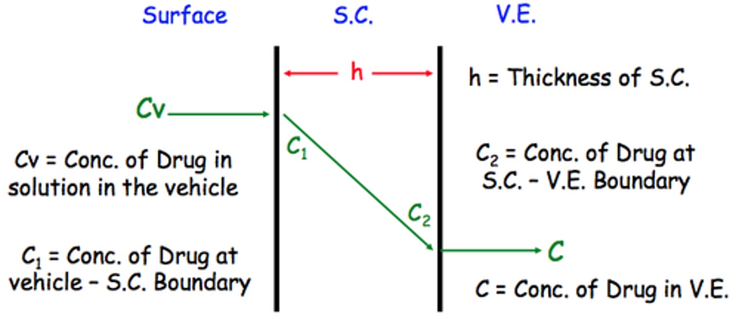 <p>use for steady state diffusion; net flux (#atoms/area-time) of molecules of material A diffusing in the x-direction (dx) because of a concentration gradient (dCa/dx)--> A can diffuse through material B.</p>