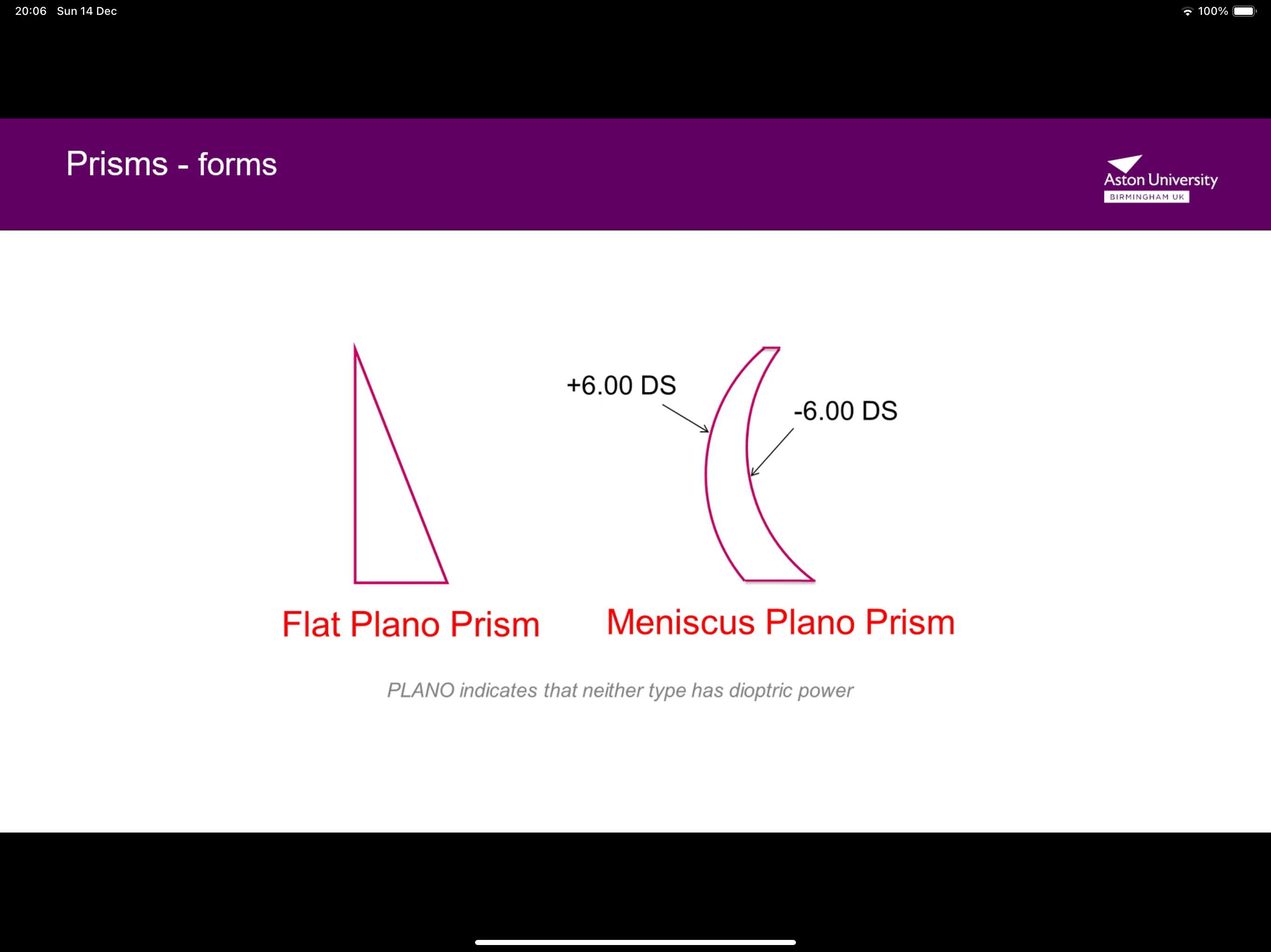 <p>Flat Plano prism, meniscus Plano prism- Plano means neither type has dioptric power</p>