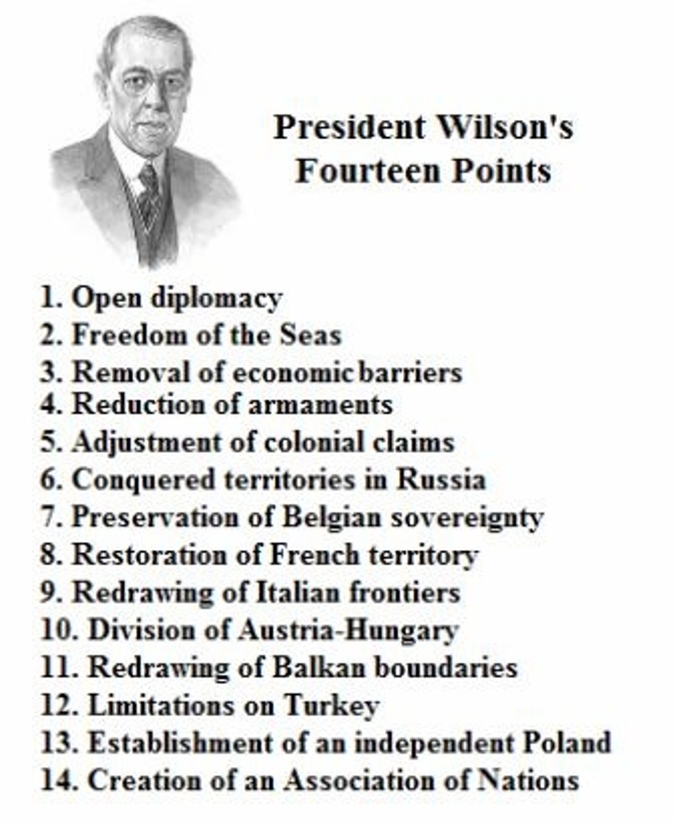 <p>The war aims outlined by President Wilson in 1918, which he believed would promote lasting peace; called for self-determination, freedom of the seas, free trade, end to secret agreements, reduction of arms and a league of nations.</p>