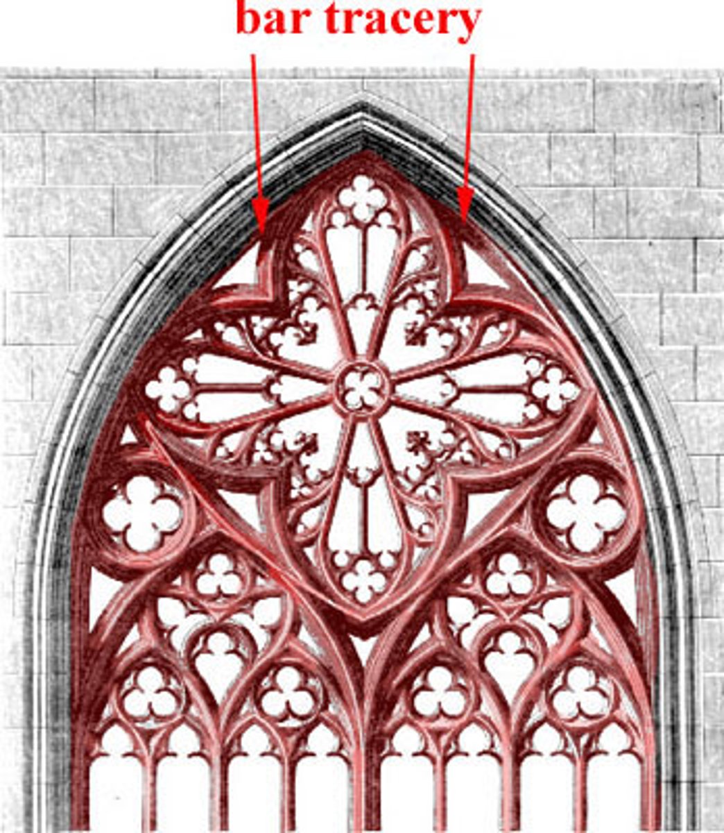 <p>The ornamental stone framework that supports and divides stained glass windows into decorative patterns that transfer the visual interest of the glass onto the exterior façade.</p>