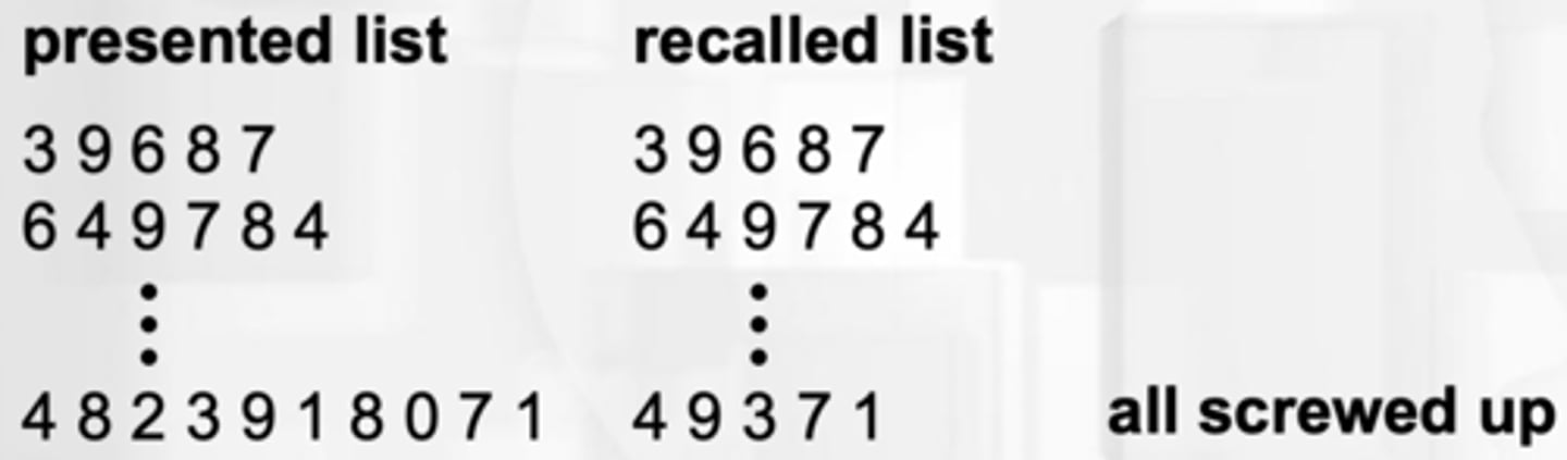<p>increase the number of digits to repeat to estimate how much information is in STM</p><p>- People recall 5-9 digits, indicating that digit span is approximately 7+/- 2 digits</p>