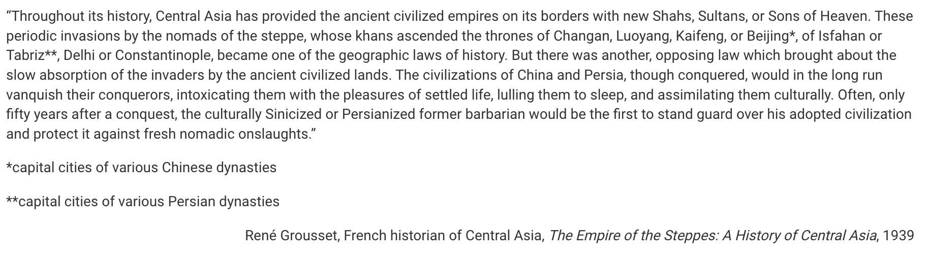 <p>Which of the following developments in the period circa 1250–1450 represents a situation&nbsp;that did <strong>not</strong> lead to conquerors assimilating into the cultures of the conquered societies?</p><p></p><p><strong>A</strong></p><p>Invading armies establishing and maintaining a separate community, as illustrated by the European crusader kingdoms in the Middle East</p><p><strong>B</strong></p><p>Merchants establishing diasporic communities and introducing their own traditions into the indigenous cultures, as illustrated by South Asian Muslim merchants spreading Islam to the islands of Southeast Asia</p><p><strong>C</strong></p><p>Settled societies successfully resisting nomadic encroachments, as illustrated by the Mamluks of Egypt defeating the Mongols or Muscovy expelling the Golden Horde from Russia</p><p><strong>D</strong></p><p>Conquering states fragmenting into several units because of political and social friction, as illustrated by the breakup of the Mongol Empire into individual khanates</p>