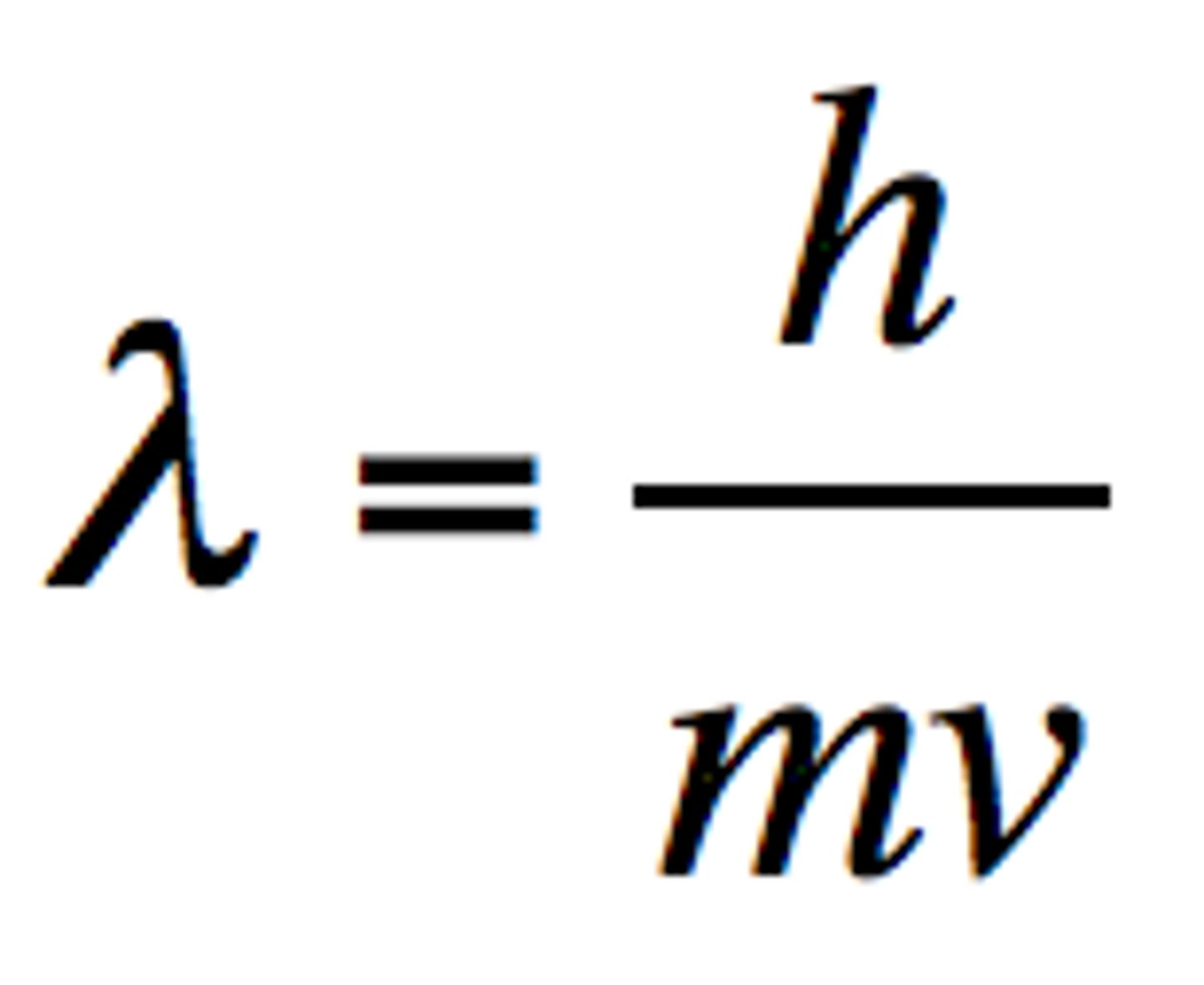 <p>waves associated with moving particles</p><p>- λ = wavelength (in meters)</p><p>- h = planck's constant (6.626 10^-34 Js)</p><p>- m = mass (kg)</p><p>- v = speed/velocity</p><p>**mv = momentum</p>