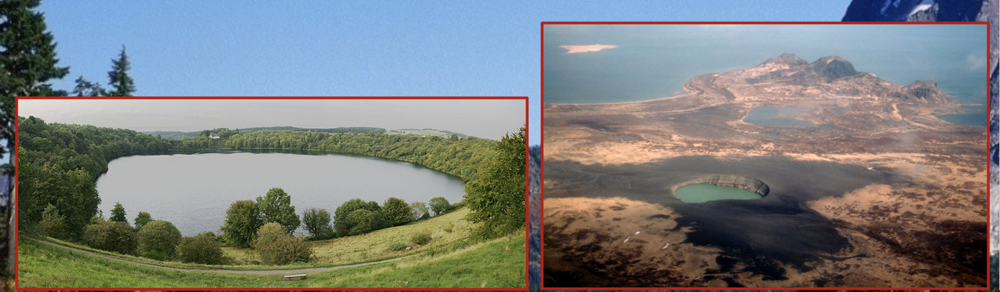 __definition:__

* A circular volcanic crater produced by an explosive eruption and filled with water. 

\
They are caused by groundwater encountering magma creating an explosion

\
Maar derives from the latin mare meaning sea and resembles a large lake 