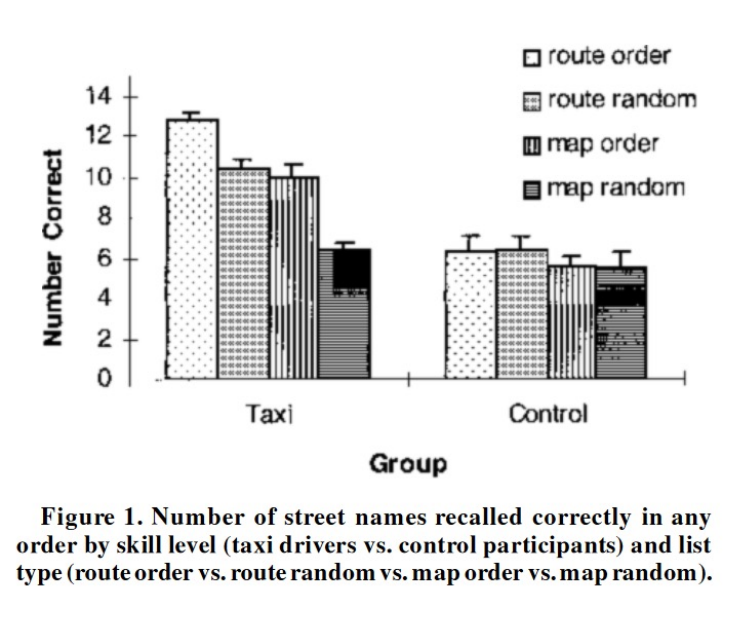 <p>compared memory for street names in a group of taxi drivers and a group of control participants</p><ul><li><p>street names could be presented as either a route or a list of nearby locations on a map</p></li><li><p>street names were either in order or random</p></li><li><p>look at da graph</p></li><li><p>shows that taxi drivers did better overall</p></li></ul>