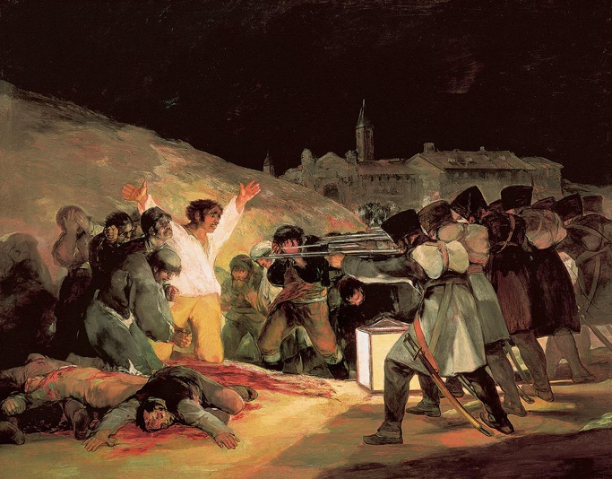 <p><strong>Artist’s Goal</strong> </p><ul><li><p>Memorialize the Spanish civilians executed by Napoleon’s forces</p></li><li><p>Condemn political violence and tyranny</p></li><li><p>Present the Spanish people as tragic martyrs</p></li></ul><p> <strong>What It Says About Artist / Society / History</strong> </p><ul><li><p>Shows Goya’s deep disillusionment with war and human cruelty</p></li><li><p>Reflects Spain’s national trauma under French occupation</p></li><li><p>Transforms a political event into a <strong>universal symbol of oppression</strong></p></li><li><p>Highlights Romanticism’s focus on emotion, heroism, and individual suffering</p></li></ul><p> <strong>How the Message Is Communicated</strong> </p><ul><li><p>Central figure in white, arms raised, resembles a <strong>Christ-like martyr</strong></p></li><li><p>Harsh lantern light exposes brutality and moral clarity (victims vs. executioners)</p></li><li><p>Firing squad shown as a <strong>faceless machine</strong>, dehumanizing the oppressors</p></li><li><p>Strong contrast and dramatic composition evoke <strong>shock and empathy</strong></p></li></ul><p></p>
