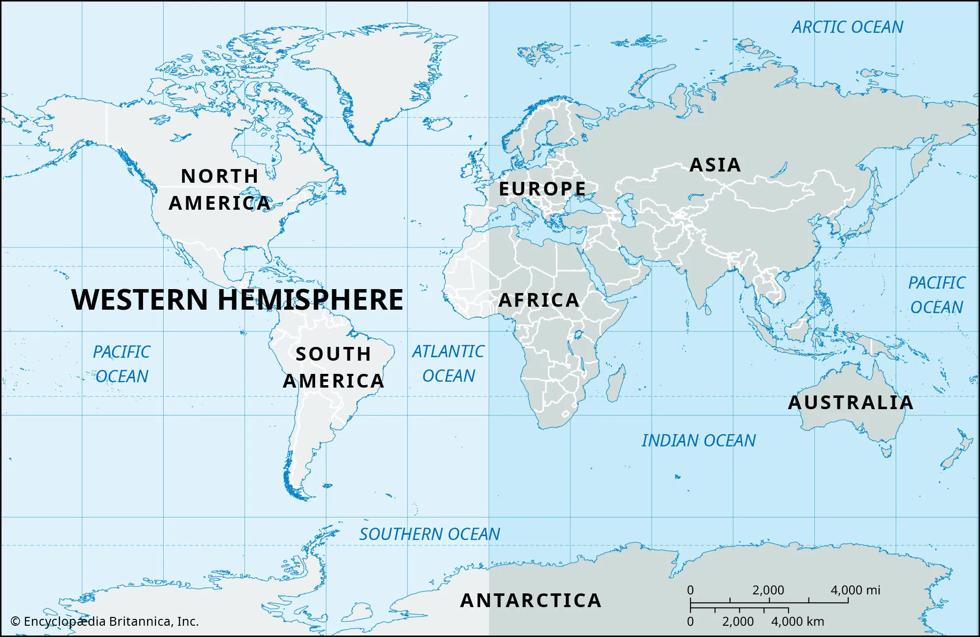 <p>The western part of the Earth. Includes Africa, North America, South America, and Antarctica.</p>