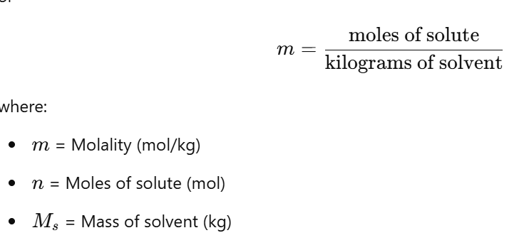 <ul><li><p>shows the number of moles of a solute in 1000g of solvent</p><ul><li><p><span style="color: #e8139f">Molality is a measure of concentration that expresses the number of <strong>moles of solute</strong> per <strong>kilogram of solvent</strong>.</span></p></li></ul></li></ul><p></p>