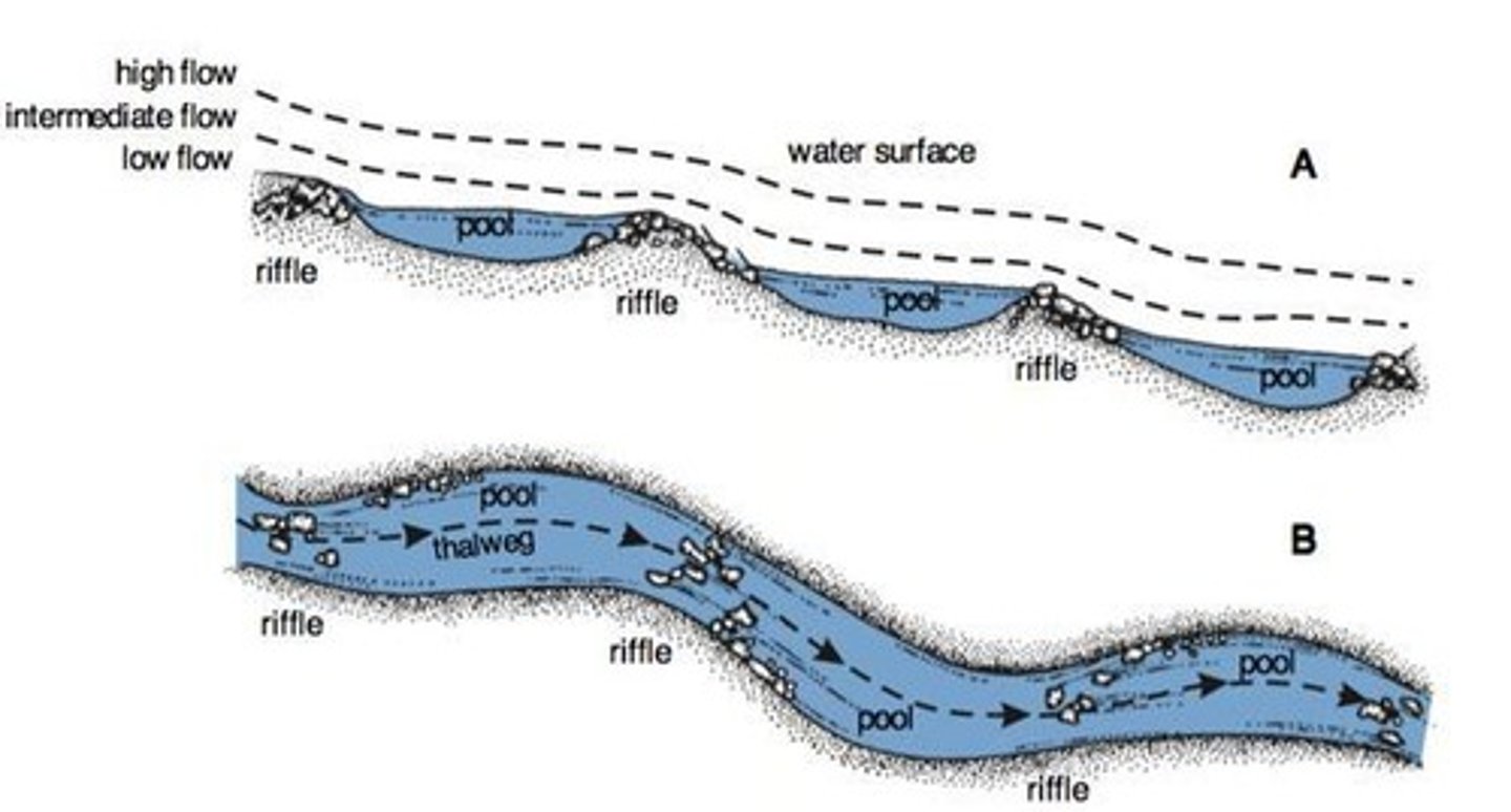 <p>Riffle and pool sequences are alternating patterns of shallow (riffle) and deeper (pool) water in a river channel, formed as the river adjusts its course to efficiently transport its load.</p>