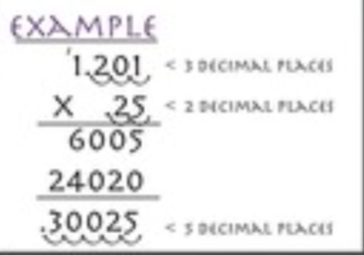<ol><li><p>the number with the most digits goes on top </p></li><li><p>decimals do not have to line up</p></li><li><p>multiply like normal</p></li><li><p>count how many places in first number the decimal is moved over</p></li><li><p>count how many places in second number the decimal is moved over</p></li><li><p>this is how many places you move the decimal in your answer</p></li></ol><p></p>