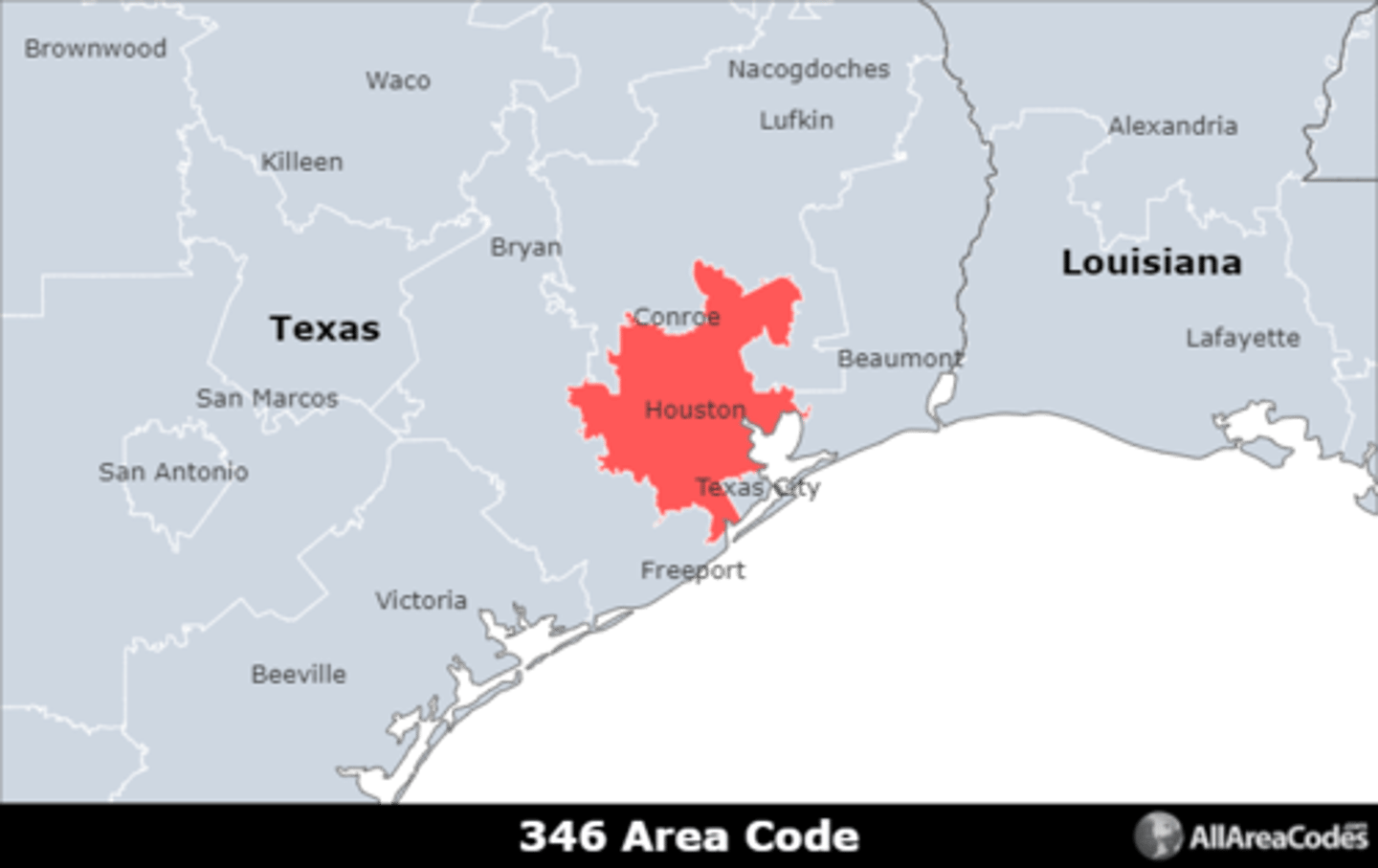 <p>Area code 346 serves Houston, TX and the surrounding areas. It is an overlay for area code 713 and serves the same area.</p>