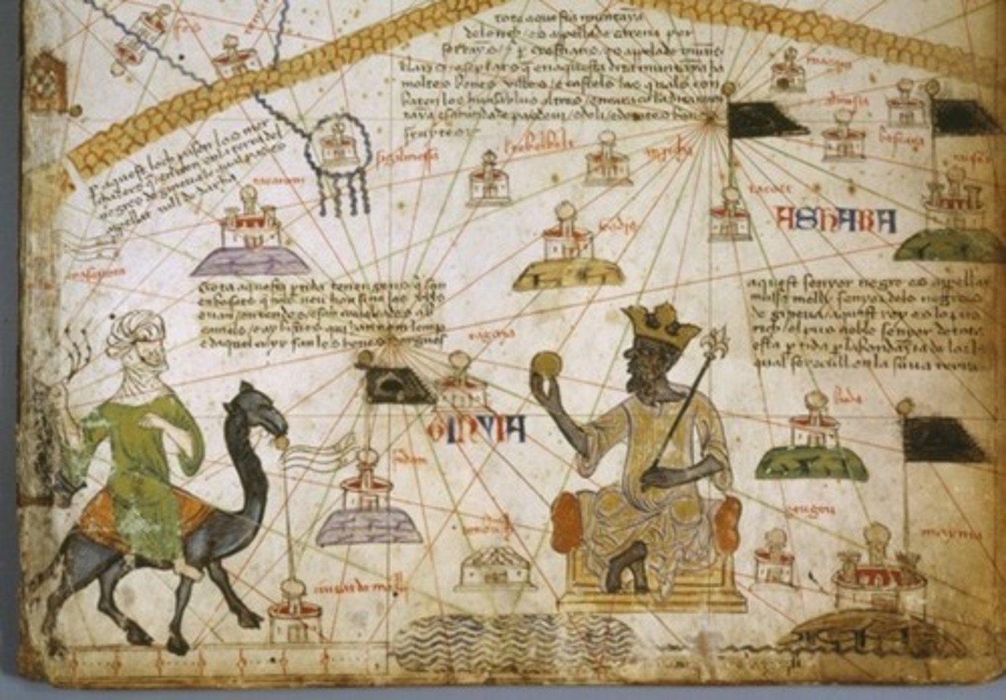 <p>- Details wealth and influence of Mansa Musa and the Mali Empire based on the perspective of a cartographer from Spain<br>- Mansa Musa adorned with gold crown and orb<br>- Conveys influence of Islam on West African societies and the function of Mali as a center for trade and cultural exchange</p>