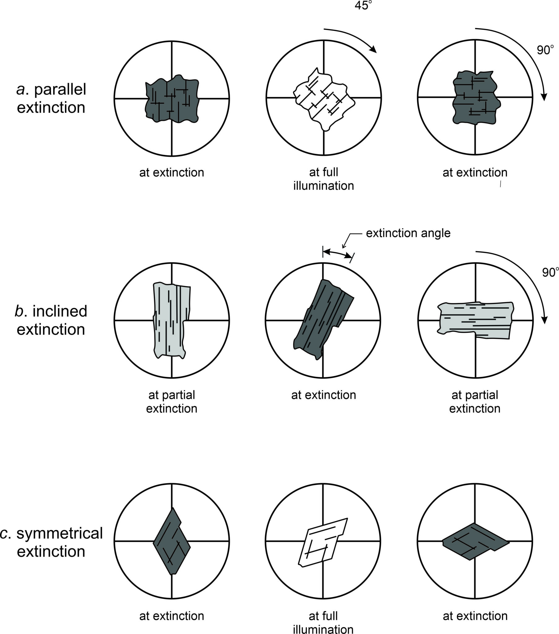 <p>What are the 3 types of extinction, relative to crystal faces or cleavage?</p>