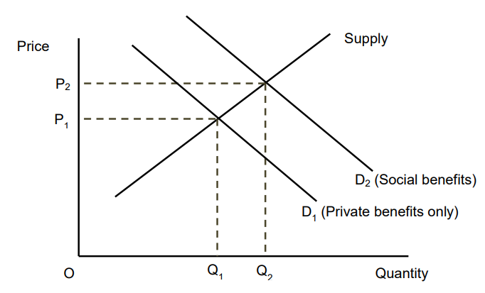 <ul><li><p>The private benefit of consumption is lower than the social benefit</p></li><li><p>If the external benefit was taken into account the demand curve would shift right</p></li><li><p>In the free market there is <strong>underconsumption</strong> and <strong>underpricing</strong> of this good</p></li></ul>