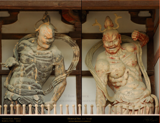 <p>“Todai-ji” Japan; 743 CE rebuilt c 1700; Bronze and wood w/ ceramic tile roof</p><p>City plagued, crop failure, epidemics, &amp; famine → build Buddhist temple for good karma (like Great Stupa at Sanchi)</p><p>Chinese pagoda style</p><p>Rectilinear &amp; perpendicular</p><p>Wood - impermanence of life (circle of life, have to ritually rebuild → reincarnation); references Shinto past</p><p>Deer = messengers of the cosmos</p><p></p><p>Nio Guardian Statues” - Todai-Ji</p><p>Located at TEMPLE GATE</p><p>Protects against evil spirits</p><p>Profance world = outside of gates of Todai-ji → the gate separates the sacred space from profane world</p><p>Represents life(open mouth) &amp; death (closed mouth) → Yin &amp; Yang</p><p></p><p>CHANGES FROM INDIAN BUDDHIST TRADITIONS:</p><ul><li><p>HEAVILY ICONIC (imgs. of Buddha)</p></li><li><p>WOOD </p></li><li><p>MASCULINE GUARDS</p></li></ul><p></p><p>Buddha Birushana - bronze 50 ft tall</p><ul><li><p>want good karma, expensive mats. (bronz) to show dedication</p></li></ul><p></p>