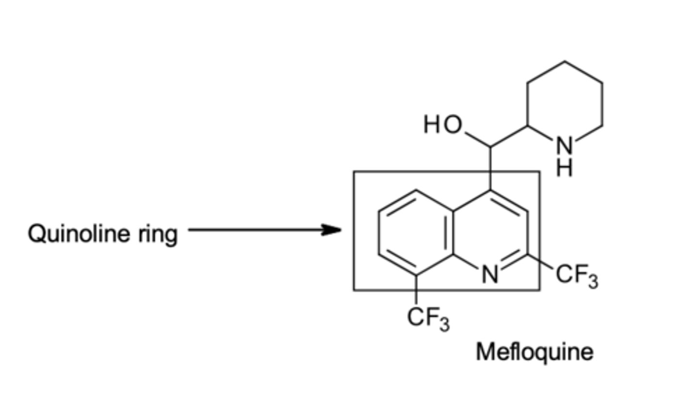 <p>Quinoline MOA</p><p>-All quinolines contain the bicyclic quinoline ring that forms __-___ stacking bonds with the porphyrin nucleus</p>