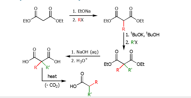 <p>Using a strong base and a alkyl halide the alpha hydrogen is replaced with the R group. Using a tert-butyl base and another R-X group to poly akylate the middle cardbob then applying heat to separate the two ketones. </p>