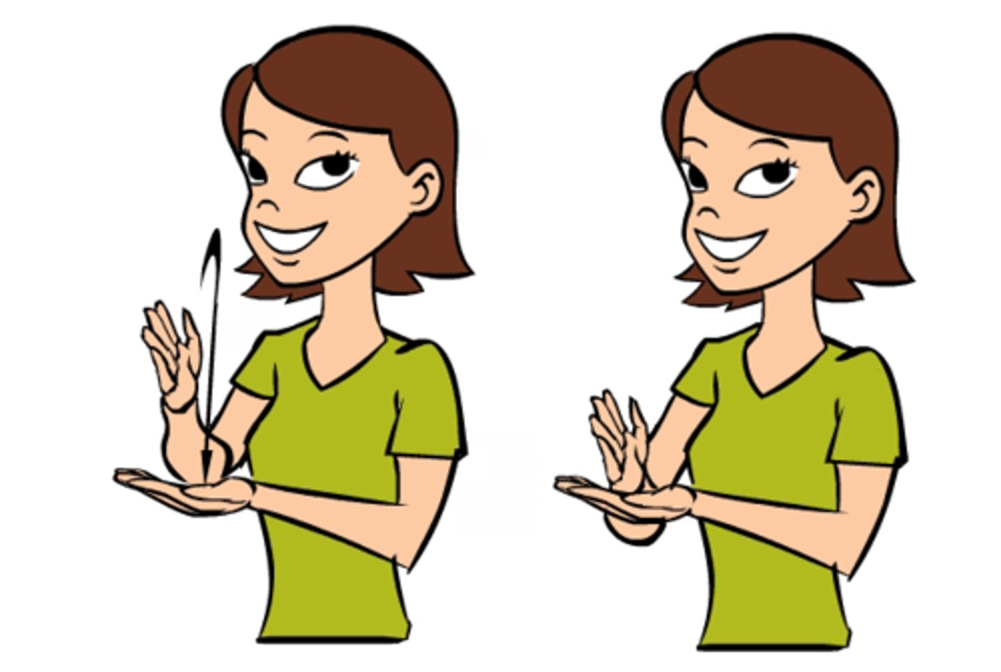 <p>Our non-dominant hand is placed flat with palm up and our dominant hand hits the flat side of the non-dominant hand with hand extended, fingers together and palm visible. Imagine an ax or knife cutting something.</p>