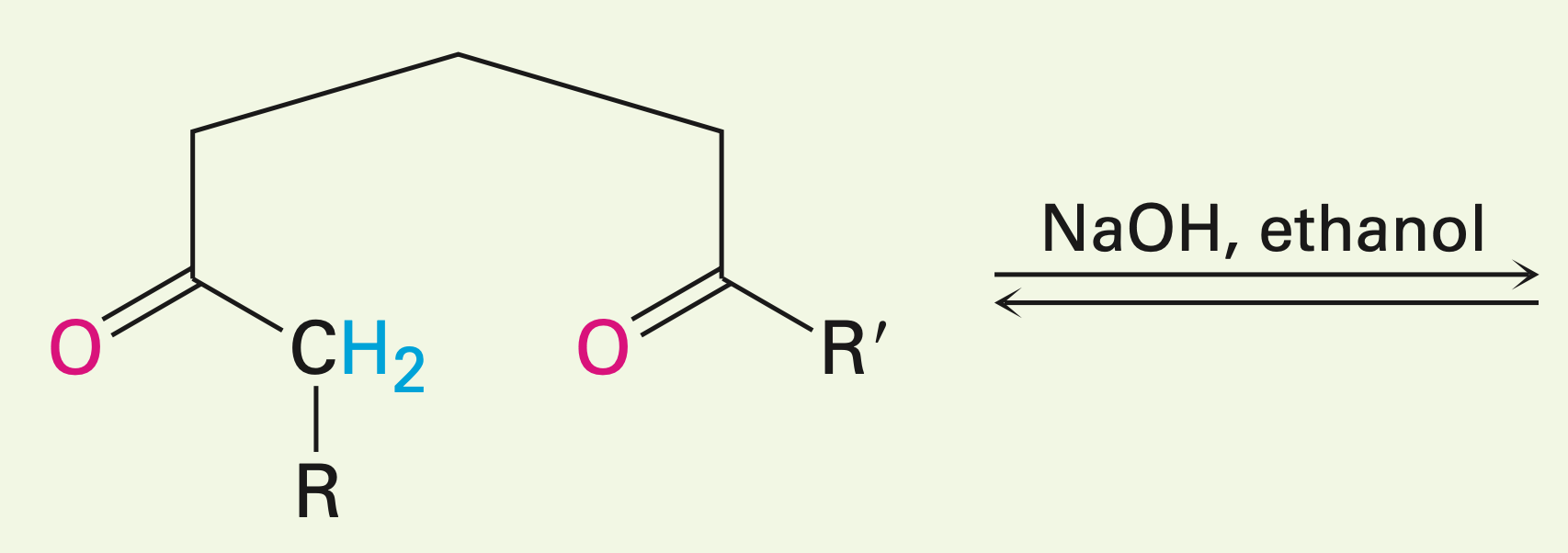 <p>Two carbonyls within one long chain in the presence of a base</p>
