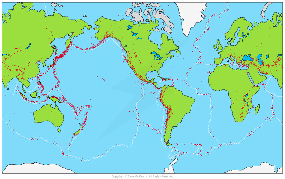 <p>plate boundary/margin = where two plates meet</p><p>earthquakes occur at all types of plate boundaries. most (90%) occur along the pacific ‘ring of fire’ </p>