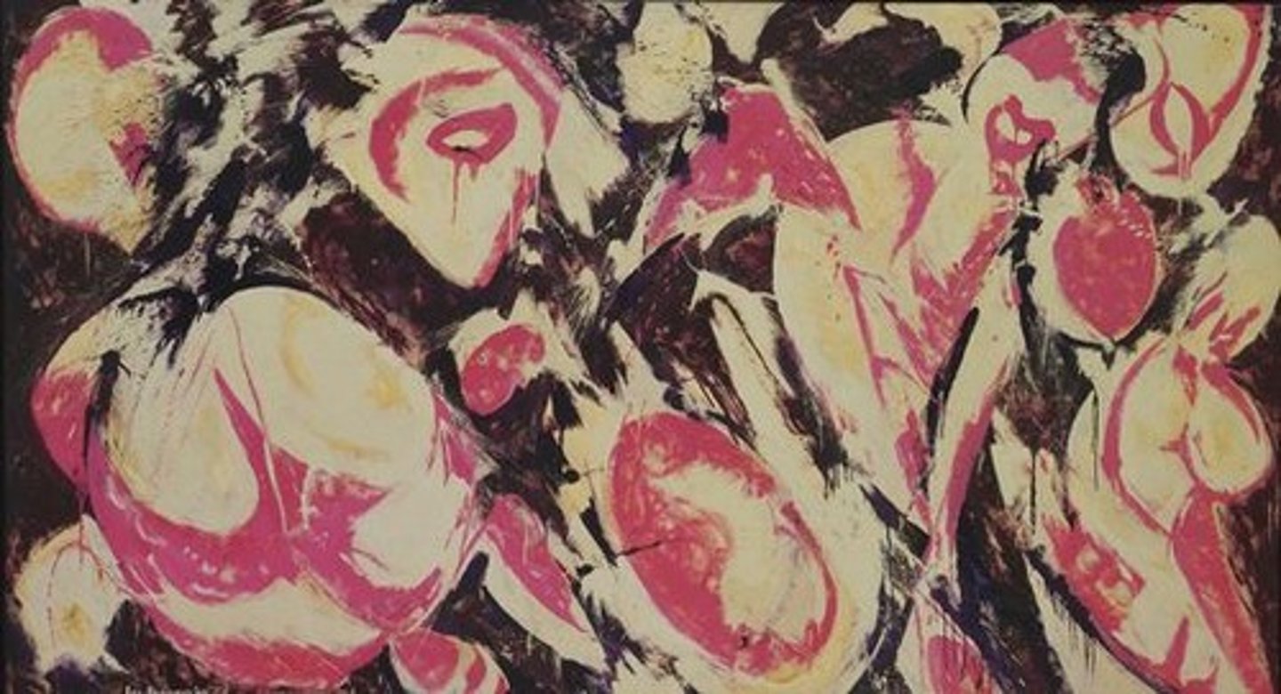 <p>A large oil painting showing a shift to sweeping, organic forms in pink, white, and purple hues, reflecting a more expansive, confident style.</p>