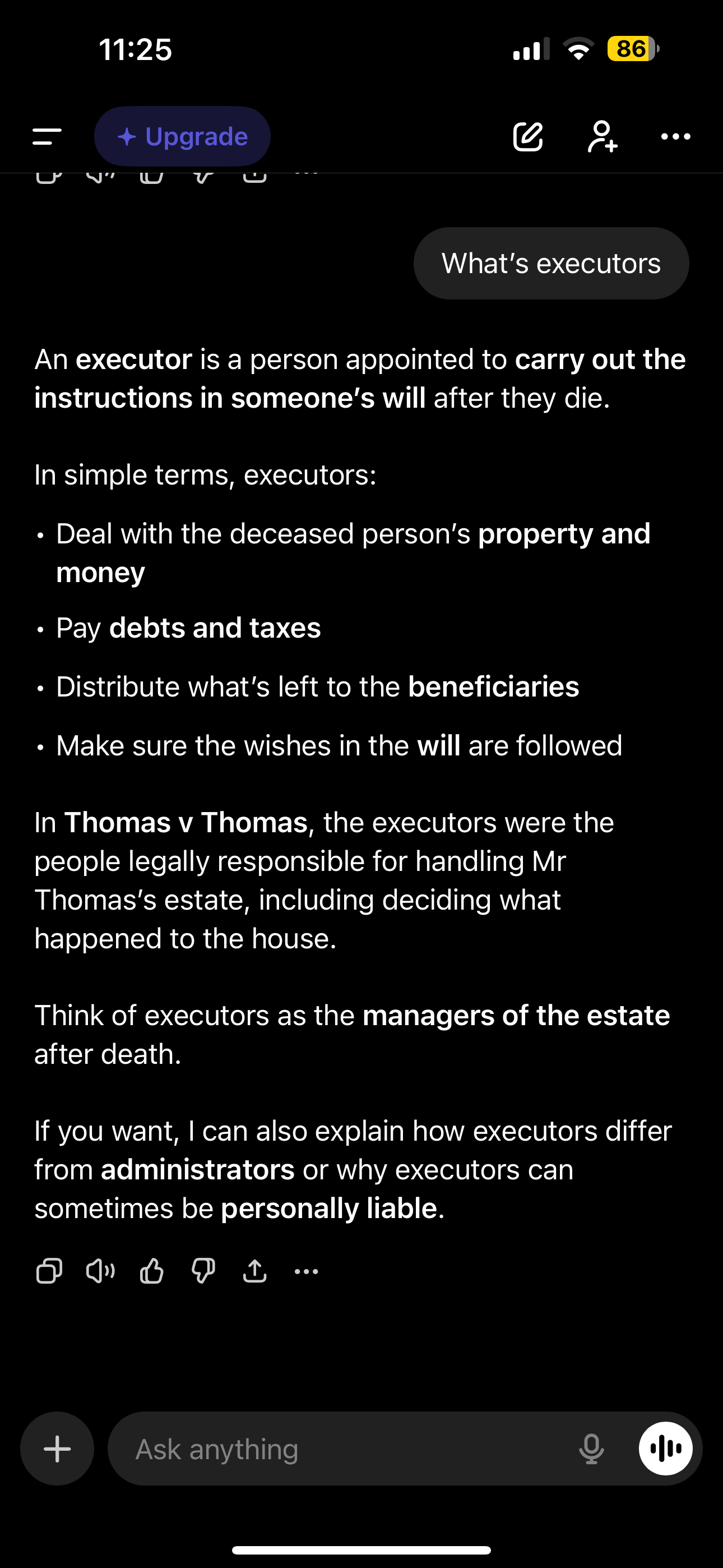 <p>Thomas expressed wish for wife to stay in is house forever executors agreed as long as she paid £1 per years and kept in good repair she could stay but later executor try to evict her</p>