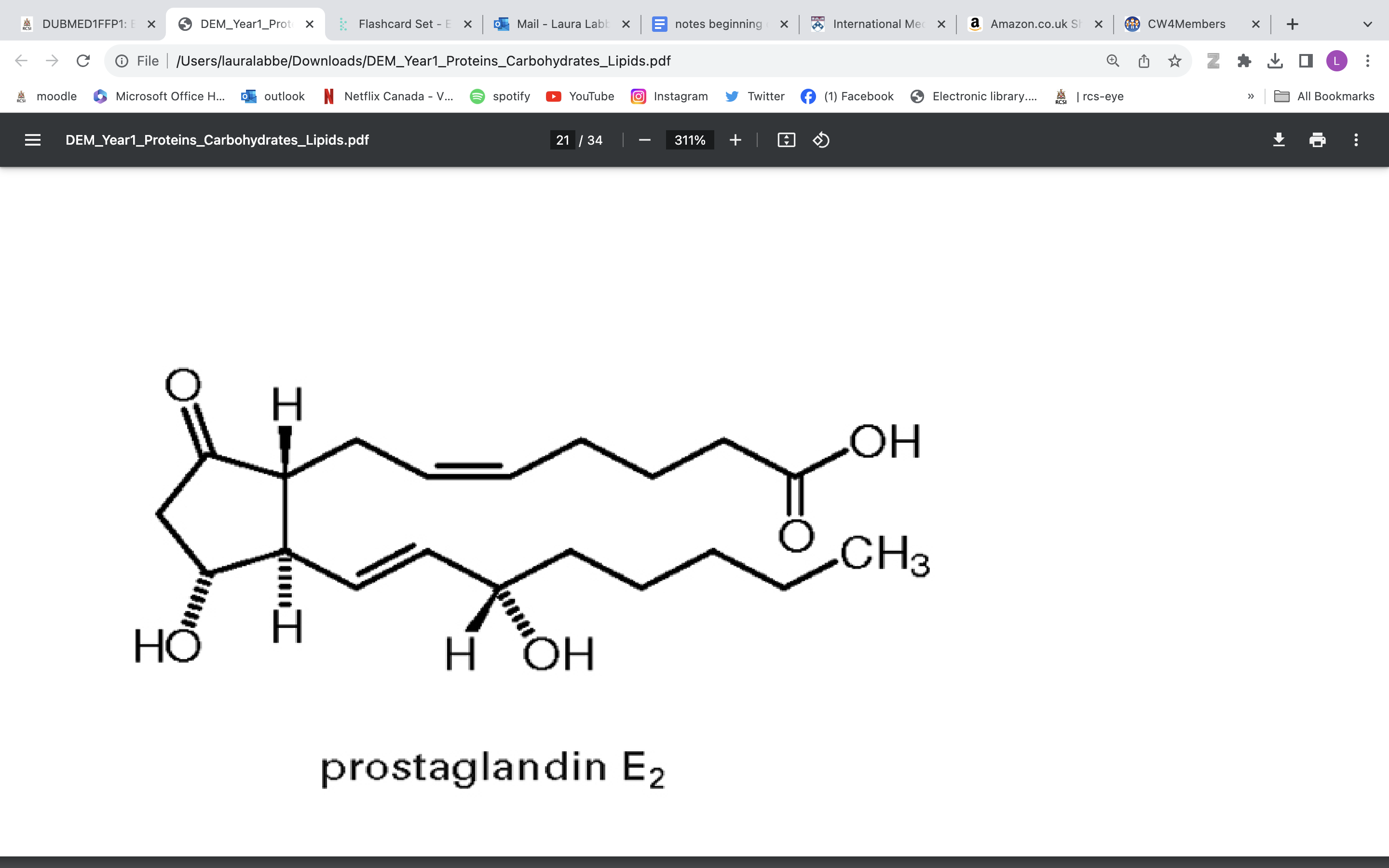 <p>• Eicosanoids (PUFA -20)</p><p>• Synthesis: Arachidonic acid (a 20:4 FA) via COX (cyclooxygenase)</p><p>• Potent</p><p><strong>• Short half-life (seconds)</strong></p><p>• Multiple roles</p><ul><li><p><strong>Inflammation</strong></p></li><li><p><strong>Platelet homeostasis</strong></p></li></ul>