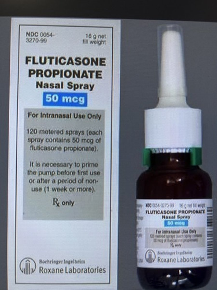 <p>Fluticasone Nasal</p><p>Corticosteroid</p><p>Inflammation (relating to nose / allergies)</p>
