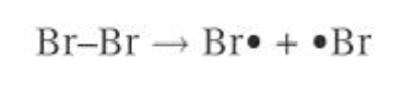 <ul><li><p>the covalent bond in a bromine molecule is broken by homolytic fission</p></li><li><p>each bromine atom takes one electron from the pair, forming two highly reactive bromine radicals</p></li><li><p>the energy for this bond fission is provided by UV ration</p></li></ul><p></p>