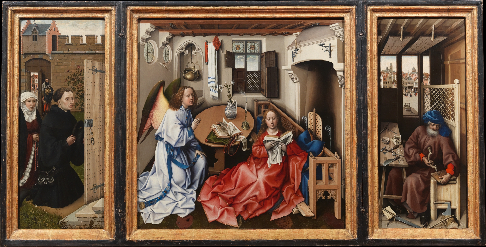 <ul><li><p><u><strong>Form</strong></u></p><ul><li><p><strong>Annunciation</strong>: in Christianity, an episode in the Book of Luke 1:26–38 in which Angel Gabriel announces to Mary that she would be the Virgin Mother of Jesus</p></li><li><p><strong>Triptych:</strong> a three-paneled painting or sculpture</p></li><li><p>Triptych, or three-paneled altarpiece.</p></li><li><p>Meticulous handling of paint; intricate details are rendered through the use of oil paint.</p></li><li><p>Steep rising of the ground line; figures too large for the architectural space they occupy.</p></li></ul></li><li><p><u><strong>Function</strong></u>: Meant to be in a private home for personal devotion.</p></li><li><p><u><strong>Technique</strong></u></p><ul><li><p>Oil paint gives the surface a luminosity and shine.</p></li><li><p>Oil allows for layers of glazes that render soft shadows.</p></li><li><p>Oil can also be erased with turpentine, allowing for changes and corrections.</p></li></ul></li><li><p><u><strong>Content</strong></u></p><ul><li><p><strong>Left panel</strong>: donors, middle-class people kneeling before the holy scene.</p><ul><li><p>Messenger appears at the gate to an enclosed ­garden.</p></li></ul></li><li><p><strong>Center panel</strong>: Annunciation taking place in an everyday Flemish interior.</p><ul><li><p><u>Symbolism</u></p><ul><li><p>Towels and water represent Mary’s purity; water is a baptism symbol.</p></li><li><p>Flowers have three buds, symbolizing the Trinity; the unopened bud represents the unborn Jesus.</p></li><li><p>Mary is seated on a kneeler near the floor, symbolizing her humility.</p></li><li><p>Mary blocks the fireplace, the entrance to hell.</p></li><li><p>The candlestick symbolizes Mary holding Christ in the womb.</p></li><li><p>The Holy Spirit with a cross comes in through the window, symbolizing the divine birth.</p></li></ul></li><li><p><u>Humanization of traditional themes</u>: no halos, domestic interiors, view into a Flemish cityscape.</p></li></ul></li><li><p><strong>Right panel</strong>: Joseph is working in his carpentry workshop; the mousetraps on the windowsill and the workbench symbolize the capturing of the devil.</p><ul><li><p>The mousetraps on the bench and in the shop window opening onto the street are thought to allude to references in the writings of Saint Augustine identifying the cross as the devil’s mousetrap.</p></li></ul></li></ul></li><li><p><u><strong>Context</strong></u></p><ul><li><p>Unusually, the main panel was not commissioned.</p></li><li><p>Wings were commissioned when the main panel was purchased; the donor portrait was added at this time.</p><ul><li><p><strong>Donor:</strong> a patron of a work of art, who is often seen in that work</p></li></ul></li><li><p>After the donor’s marriage in the 1430s, the wife and messenger were added, which accounts for the rather squeezed-in look of the donor’s wife.</p></li></ul></li></ul>