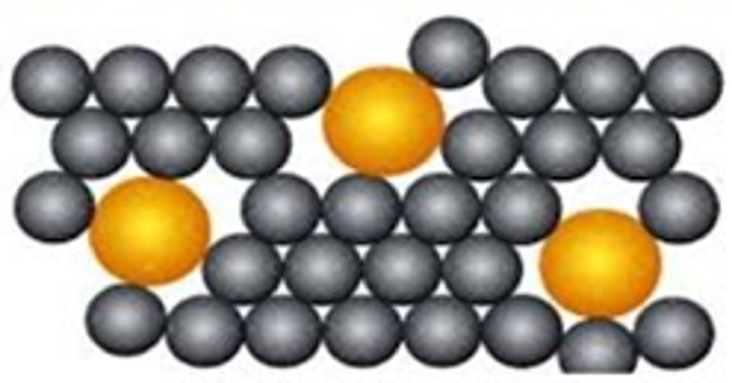 <p>A mixture of two or more elements, of which at least one is a metal</p><p>Makes the metal harder because the other substance distorts the layers</p>