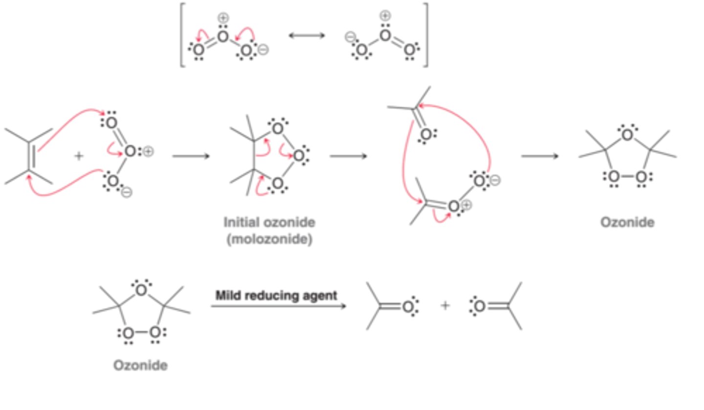<p>A compound with the resonance structures shown in 1st example in image. Ozone will react with an alkene to produce an initial, primary ozonide(or molozonide), which undergoes rearrangment to produce a more stable ozonide(2nd example in image). When treated with a mild <b>reducing agent</b>, the ozonide is converted into products(3rd example in image).</p>