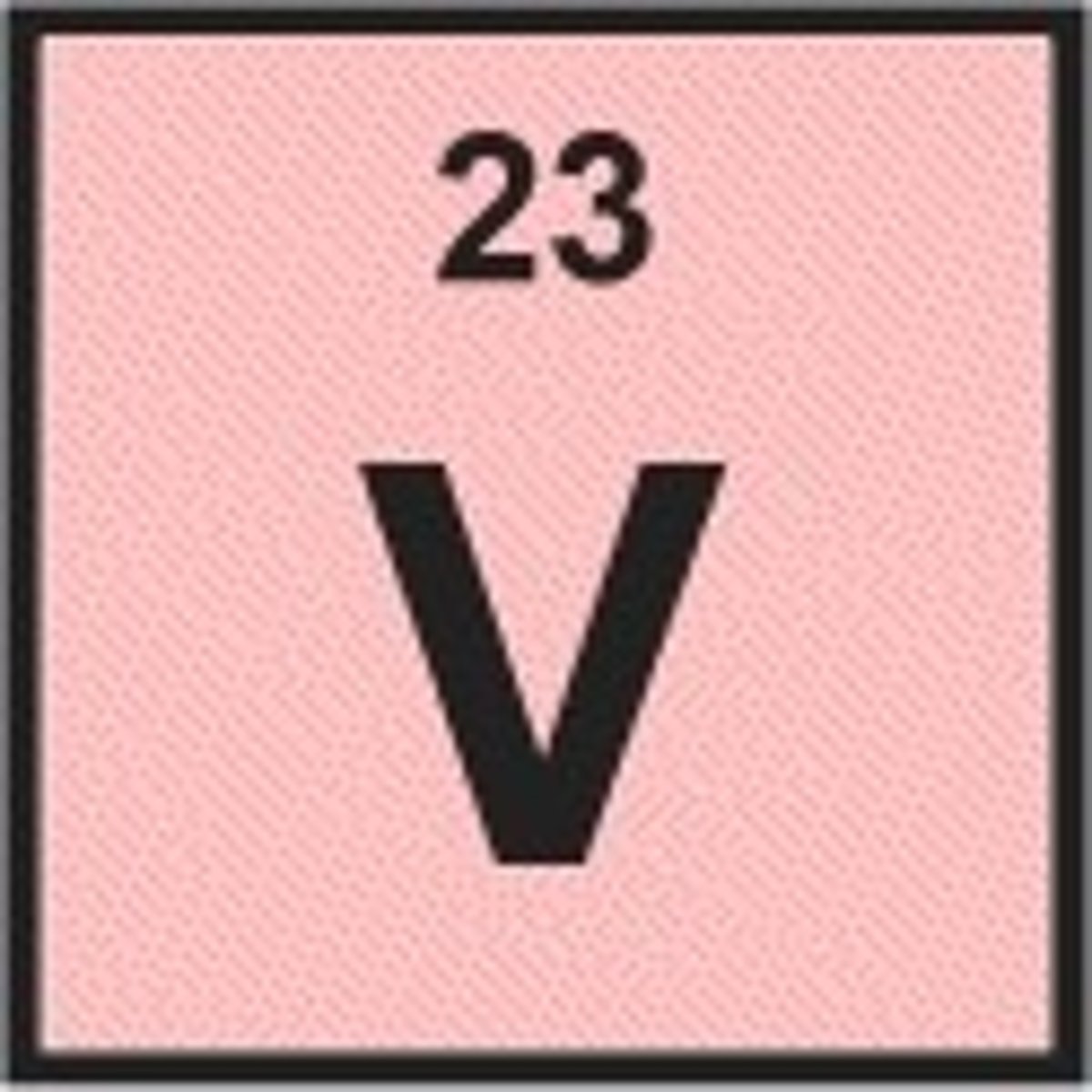 <p>Symbol: V<br>Atomic Mass: 50.94<br>Atomic Number: 23</p>