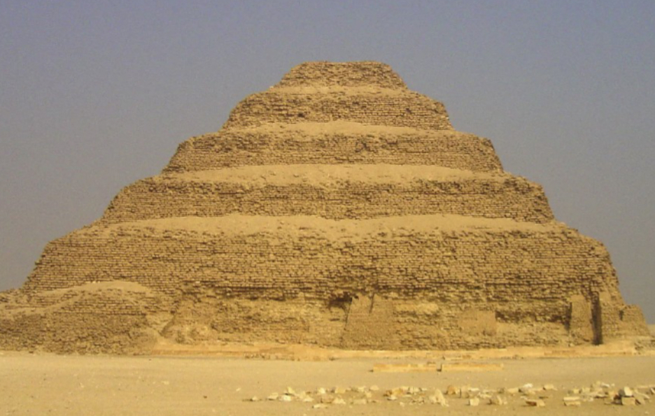 <ul><li><p>At Saqqara, Egypt</p></li><li><p>Made out of limestone</p></li><li><p>ca. 2650 BCE (Old Kingdom)</p></li><li><p>Step pyramid, 1st large building made out of cut some blocks in Egypt, maybe the entire world. Underground burial chamber for the rich/pharaohs </p></li></ul>