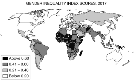 <p>In a number of countries there remains significant inequality between men and women. Based on a comparison of the patterns on the map, which of the following statements draws an accurate conclusion?</p>