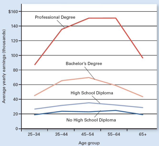 <p>Which education level earns the lowest income at all ages?</p>