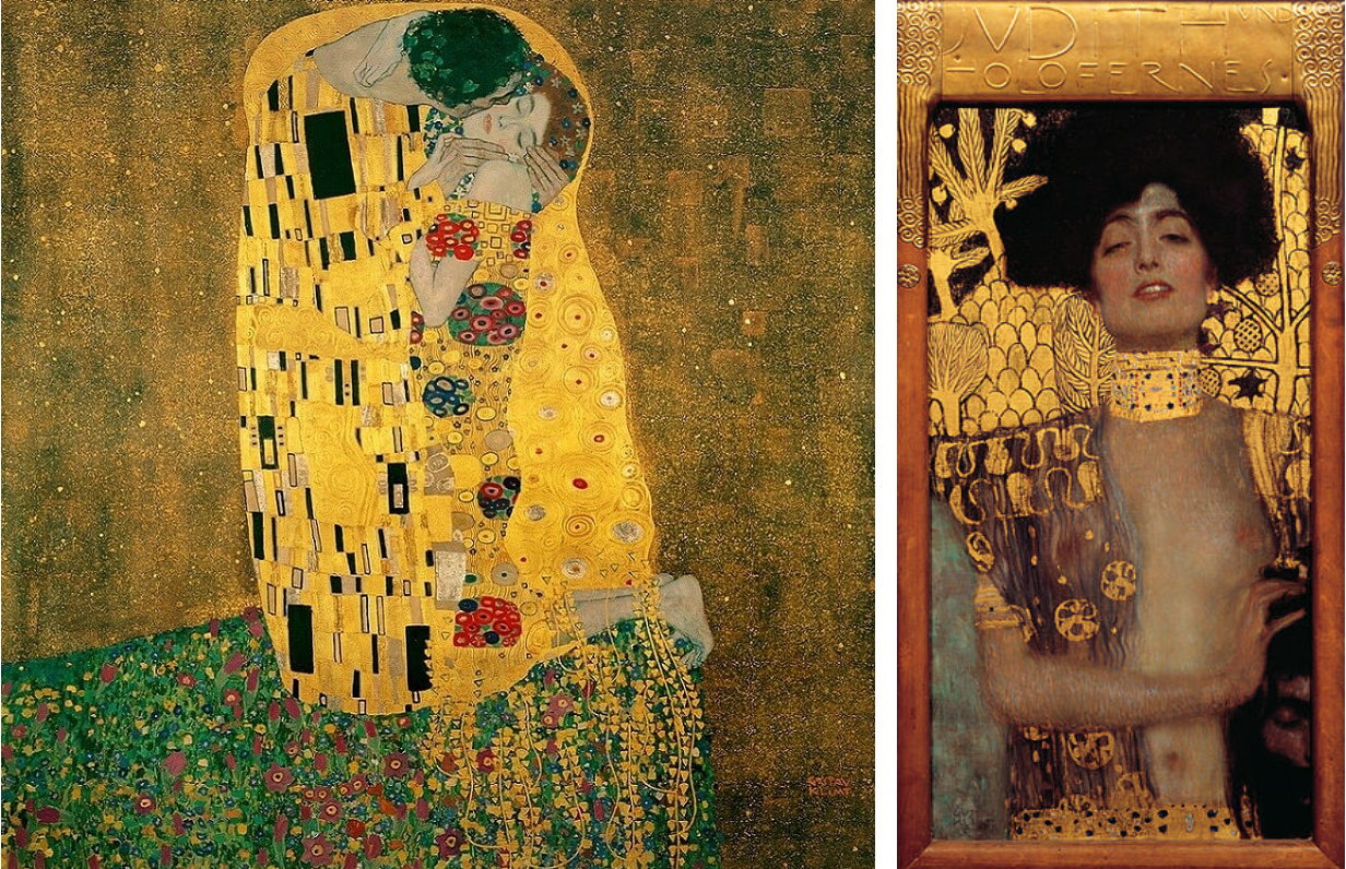 <ul><li><p><span>one of the most important founders of the </span><strong>Vienna Secession</strong></p></li><li><p><span>best known for his decorative style of painting, which - in the manner of Byzantine Art - used gold and semi-precious gems for ornamentation, and is characterized by a flat linear style, often decorated with biomorphic forms</span></p></li><li><p><span><strong><em>the kiss</em></strong></span></p></li><li><p><span><strong><em>judith and the Head of Holofernes</em></strong></span></p></li></ul><p></p>