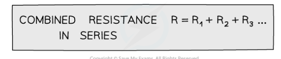 * When two or more resistors are connected in series, the **total** (or **combined**) **resistance** is equal to the **sum** of their individual resistances
* For example, for three resistors of resistance *R1,* *R2* and *R3*, the total resistance can be calculated using:

\
\
* Where *R* is the total resistance, in Ohms (Ω)
* Increasing the number of resistors **increases** the overall resistance, as the charge now has **more** resistors to pass through
* The **total** **voltage** is also the **sum** of the voltages across each of the **individual** **resistors**
  * In a **series** circuit, the voltage of the power supply is **shared** between all components