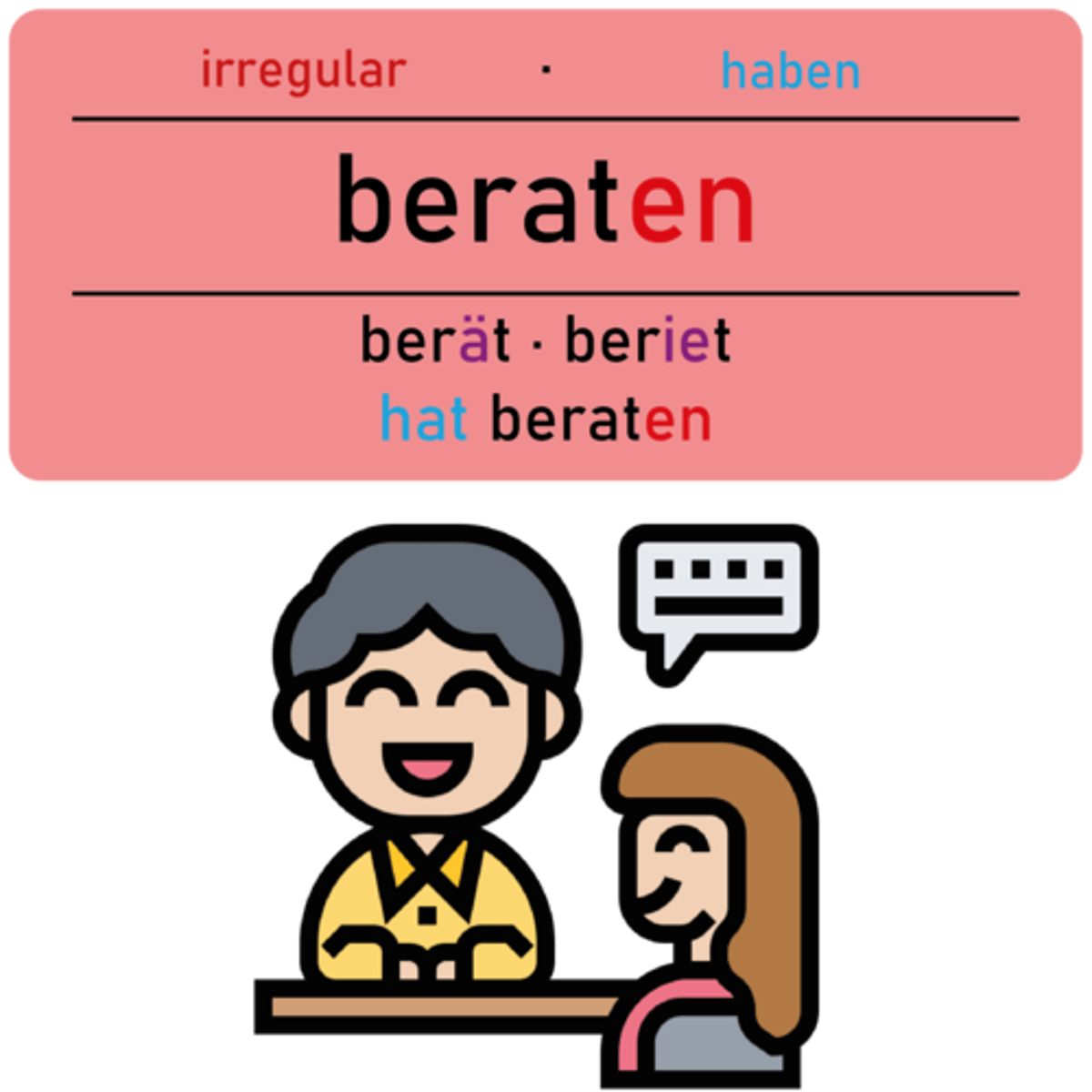 <p><strong><mark data-color="purple" style="background-color: purple; color: inherit;">beraten</mark></strong></p><p><em>(Akk., über+A, sich+A, zu+D, mit+D, in+D, bei+D)</em></p><p>‎ </p><p>Unser Personal <u>berät</u> Sie gern, wenn Sie Fragen haben.</p><p><em>(Our staff will gladly advise you if you have questions.)</em></p>