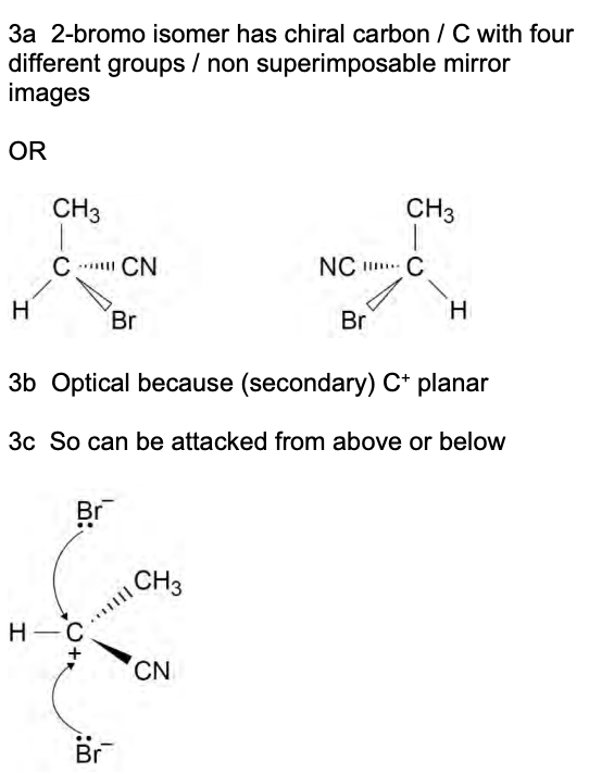<ul><li><p>electrophilic addition involving an alkene w/ one of the Hs substituted for a different functional group e.g. CN + HX</p></li><li><p>product is a haloalkane w/ one of the Hs subbed for the other functional group</p></li><li><p>one of the carbocations may form a product w/ a chiral C </p></li><li><p>optical as C+ on carbocation planar so can be attacked from above or below </p></li></ul><p></p>