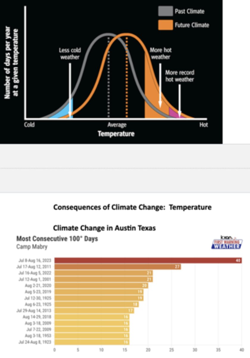 <p>Future climate is projected to have fewer cold days, more hot days, and higher frequency and intensity of extreme heat; for ex, in Austin, Texas, many of the longest heat streaks on record are in recent decades, and a streak in 2023 holds the record</p><p>-slight shifts in mean temperature can result in increases of extreme weather</p>