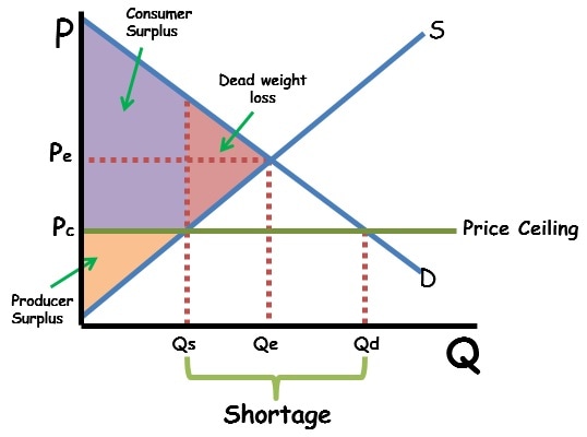 <ul><li><p>Lost surplus</p></li><li><p>Triangle shaded that is not the Consumer Surplus or the Producer Surplus</p></li></ul>
