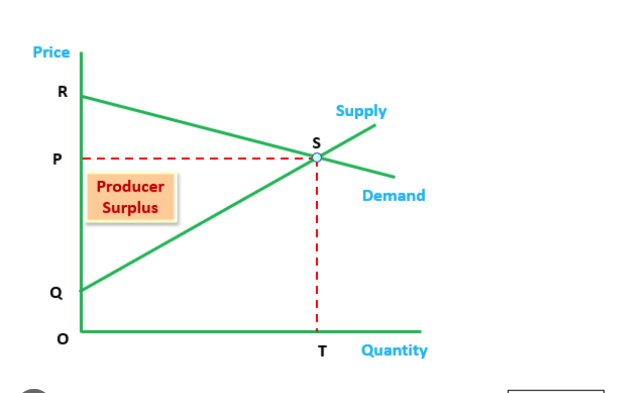 difference between price and how much seller is willing to sell product for. Usually always bottom portion on a graph for supply and demand. 