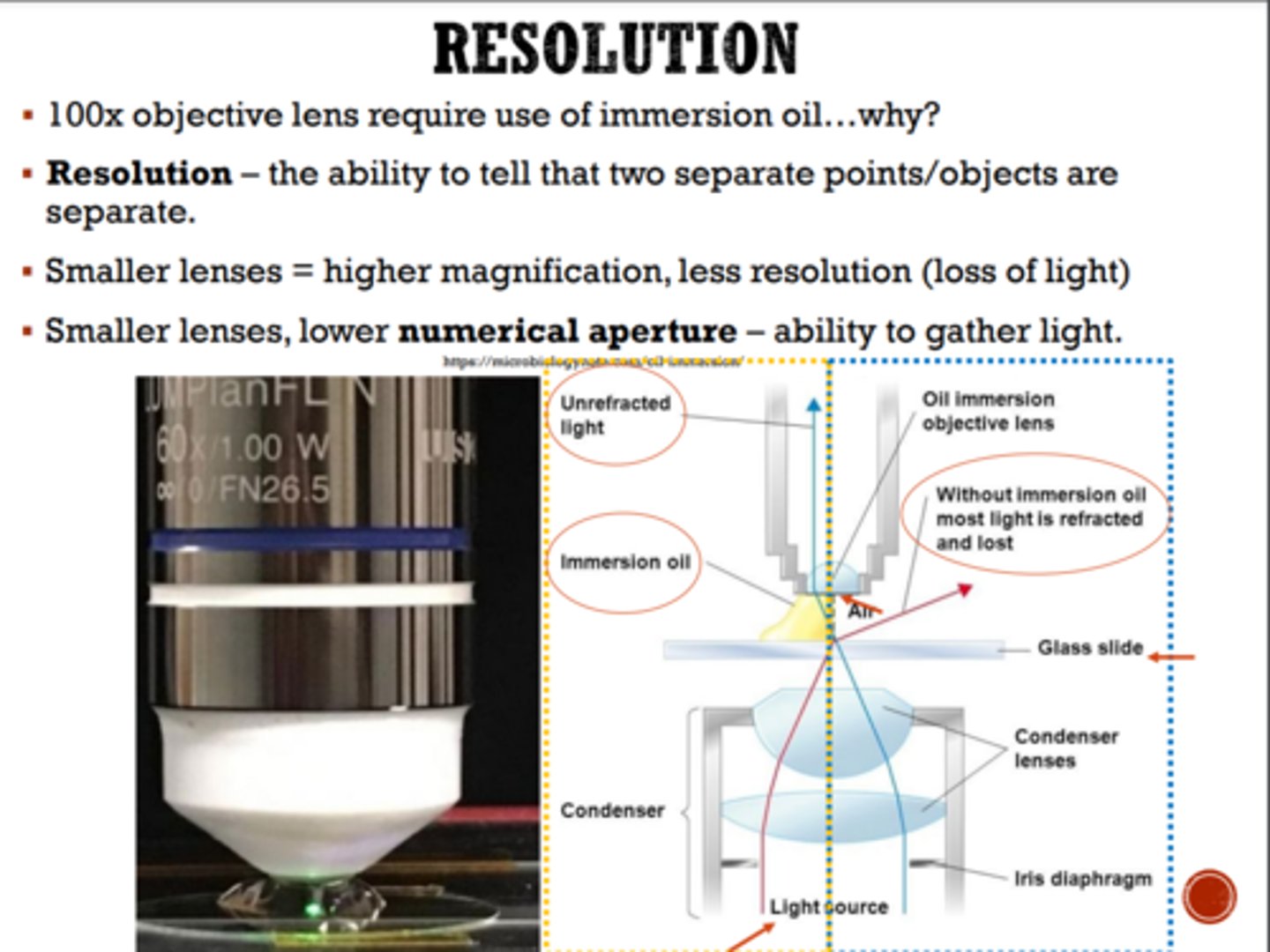 <p>100x objective lens require use of immersion oil...why?</p><p>Resolution - the ability to tell that two separate points/objects are separate.</p><p>Smaller lenses = higher magnification, less resolution (loss of light)</p><p>Smaller lenses, lower numerical aperture - ability to gather light.</p>