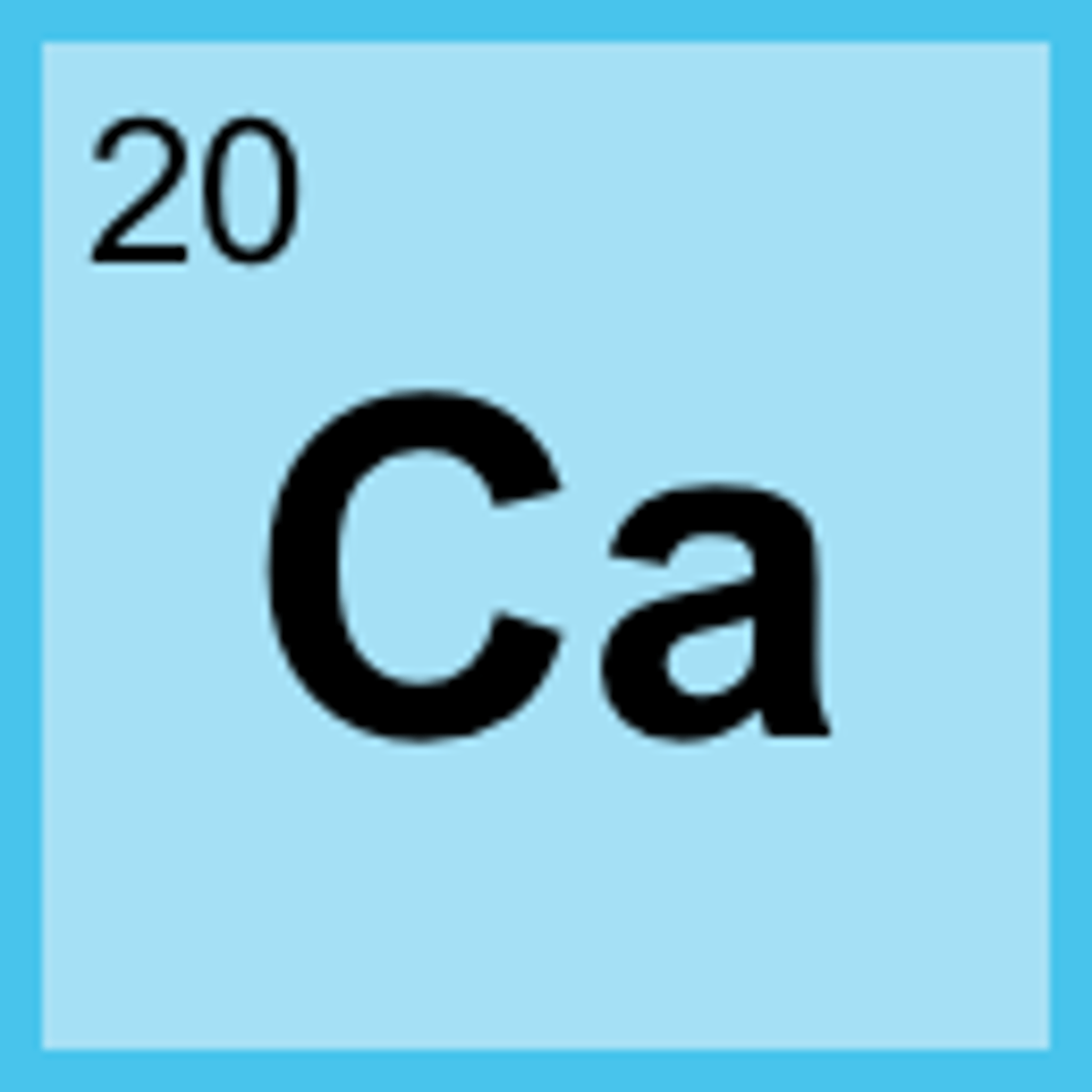 <p>Symbol: Ca<br>Atomic Mass: 40.08<br>Atomic Number: 20</p>