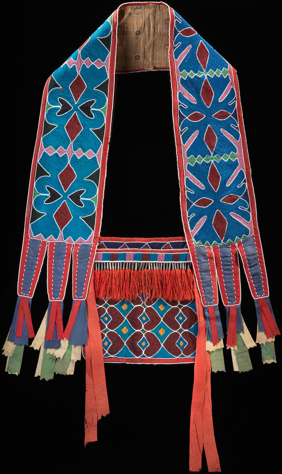<p><strong>Form: </strong></p><p>-Changes: </p><p>-Continuities: Spot stich technique to string beads and sew down in groups. Animal hides used, and Prairie style (Delaware region). Beads are in floral patterns (abstract/natural) that represent tribal identity</p><p></p><p><strong>Function:</strong></p><p>-Continuity: worn as a pouch for carrying personal items. Worn during ceremonial events/communal gatherings </p><p></p><p><strong>Context:</strong></p><p>-Changes: designed after the bags that European soldiers who came to America wore. Beads were acquired through trade with Europeans and silk ribbons used for the tassels (glass beads replace natural ones). Cloth traded with Europeans used. Happened after forced relocation</p><p>-Continuities: Allows natives to express group identity/social status despite relocation </p><p></p><p><strong>Content:</strong></p>