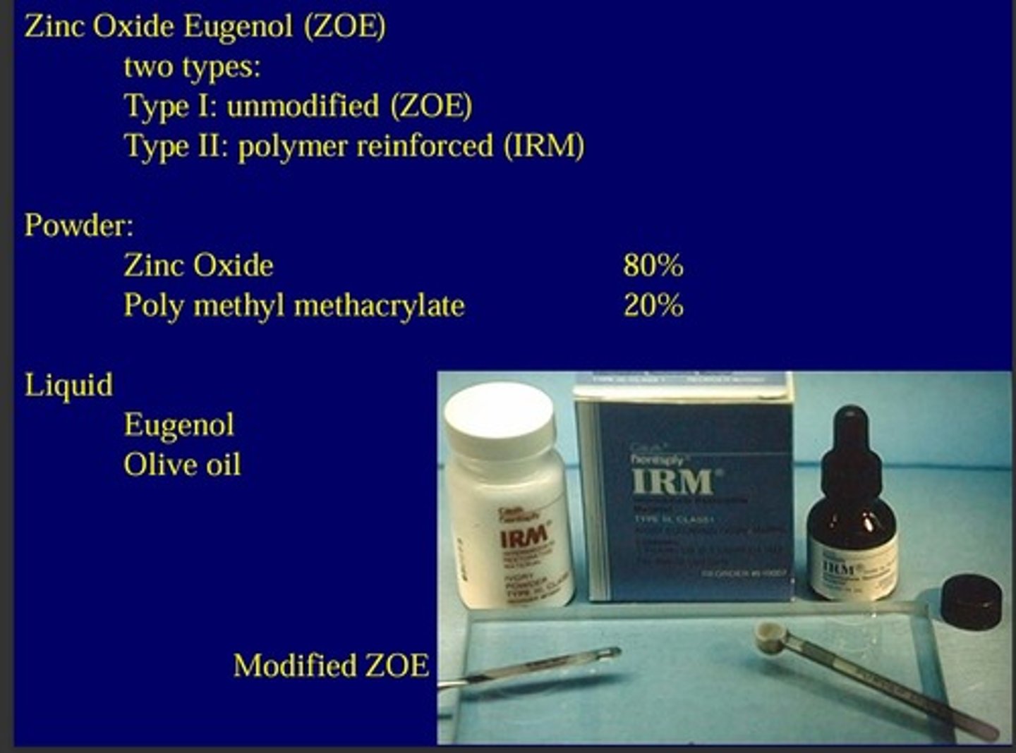 <p>type 1: unmodified</p><p>type 2: polymer reinforced ( IRM)</p>